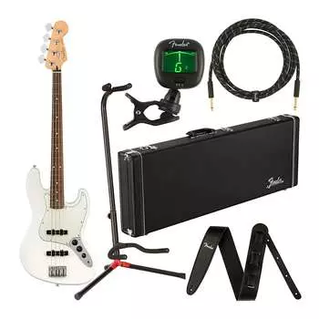 Fender Player Jazz Bass 4-String Guitar (Pau Ferro Fingerboard, Polar White) Комплект с деревянным футляром, басовыми струнами, ремнем, инструментальным кабелем, подставкой для гитары, пристегивающимся тюнером и предоплаченной картой