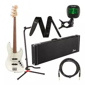 Fender Player Jazz Bass Безладовая 4-струнная гитара (накладка на гриф Pau Ferro, полярно-белая) в комплекте с деревянным футляром, гитарными струнами, кожаным ремешком, кабелем, регулируемой подставкой, тюнером и картой предоплаты