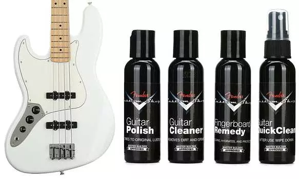 Fender Player Jazz Bass для левшей — полярно-белый с кленовой накладкой на гриф в комплекте с Fender Custom Shop Deluxe Guitar Care System — 4 шт. в упаковке 0149922515=1 0990539000=1