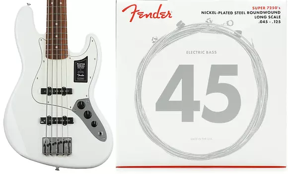 Fender Player Jazz Bass V - Polar White с накладкой на гриф Pau Ferro в комплекте со струнами Fender 72505M из никелированной стали для бас-гитары - 5-струнная мензура средней длины .045-.125 0149953515=1 0737250456=1