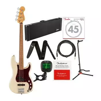 Fender Player Plus Precision 4-String Bass Guitar Premium Bundle (Olympic Pearl, Right-Hand) Fender Player Plus Precision 4-String Bass Guitar (Olympic Pearl, Right-Hand)