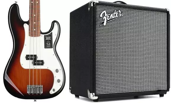 Fender Player Precision Bass — 3-тональный Sunburst с накладкой на гриф Pau Ferro и Fender Rumble 25 1x8″ 25-ваттный басовый комбоусилитель 0149803500=1 2370200000=1