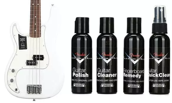Fender Player Precision Bass для левшей — полярно-белый с накладкой на гриф Pau Ferro в комплекте с Fender Custom Shop Deluxe Guitar Care System — 4 шт. в упаковке 0149823515=1 0990539000=1