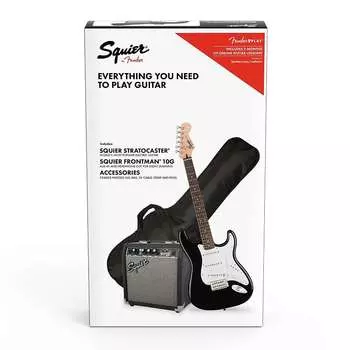 Fender Squier Affinity Strat Pack 10G GB Pack Black "Stop Dreaming, Start Playing!" Set: Affinity Series Strat with Rosewood Fretboard, Frontman 10G Amp