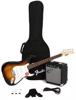 Fender Squier Stratocaster Starter Pack с комбоусилителем Frontman 10G Brown Sunburst с БЕСПЛАТНОЙ профессиональной установкой Stratocaster Starter Pack with Indian Laurel Fretboard and Frontman 10G Combo Amp