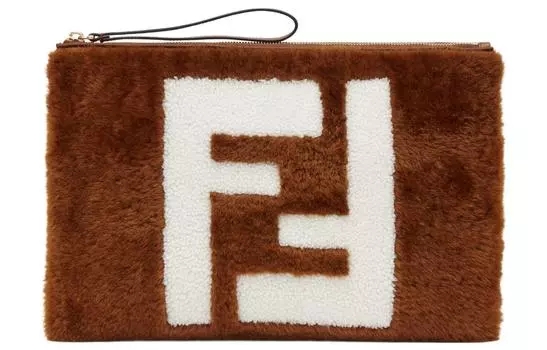 FENDI Клатч из овчины и телячьей кожи, большого размера, женский, коричневый