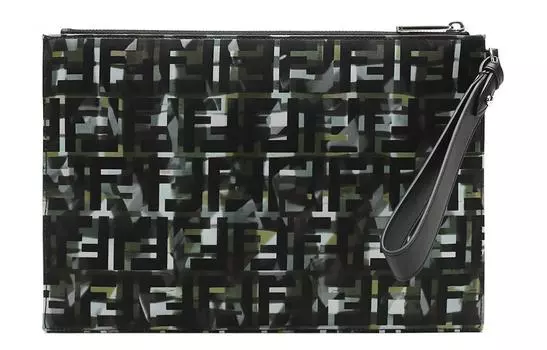 FENDI Мужская сумка-клатч из ткани с кожаным ремешком на запястье, зеленая/черная/камуфляжная
