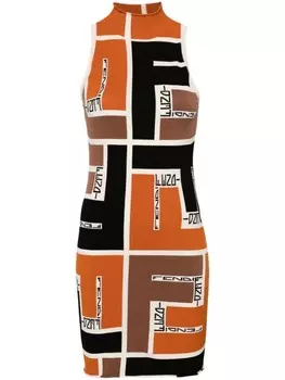 FENDI платье мини в стиле колор-блок с высоким воротником, оранжевый
