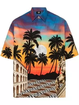 FENDI поплиновая рубашка с графичным принтом, синий