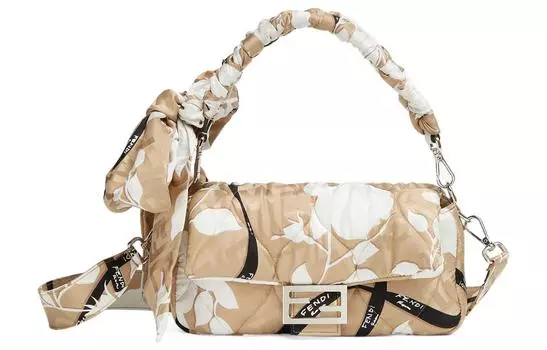 FENDI Сумка Baguette из шелка Mulberry Silk, портативная, через плечо, женская, белого/бежевого цвета, среднего размера