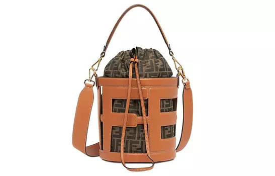 FENDI Сумка через плечо из кожи с жаккардовой тканью, сумка через плечо, женская, среднего размера, коричневого цвета