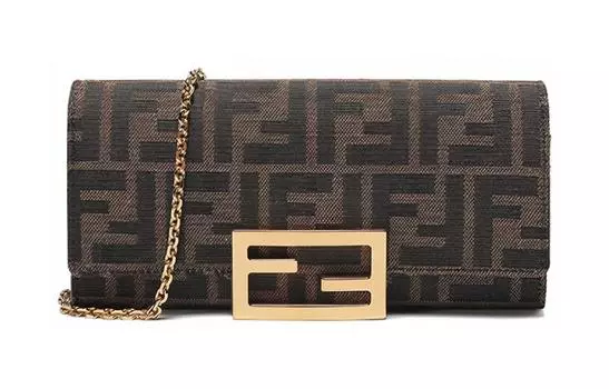 FENDI Сумка-кошелек из холста с кожей, небольшая квадратная сумка на цепочке, кошелек, сумка через плечо, женская, коричневого цвета