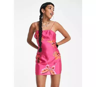 Фестивальное платье на бретельках с розовым принтом и бабочками Reclaimed Vintage 90s