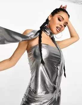 Фестивальный топ без бретелек ASOS серебристого металлика с шарфом