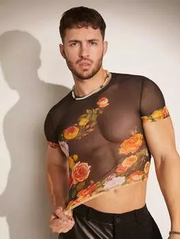 FeverCity Мужская летняя приталенная футболка с круглым вырезом и цветочным принтом с короткими рукавами, многоцветный