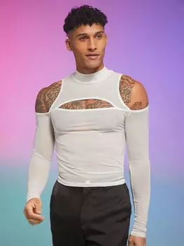 FeverCity Мужская однотонная однотонная сетчатая футболка приталенного кроя с длинными рукавами, белый цвет