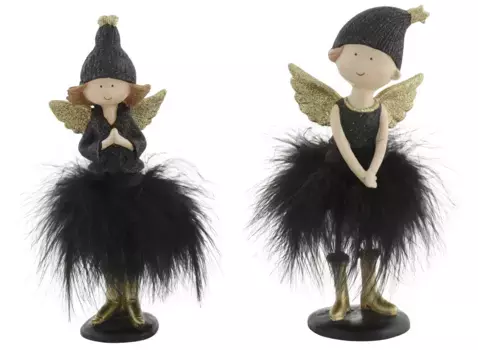 Фигурка ангела Leonique "Рождественские украшения", в шляпе и юбке из искусственных перьев, блестящая, 19 см и 21 см, черный/золотой