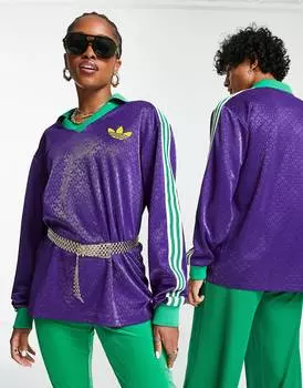 Фиолетовая футболка-поло унисекс с длинными рукавами и монограммой adidas Originals 'adicolor 70s'