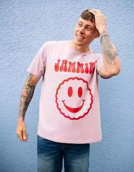 Фиолетовая футболка унисекс с надписью «Jammin Happy Face» и надписью «Batch1»