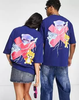 Фиолетовая футболка унисекс с принтом в виде кошки на спине COLLUSION