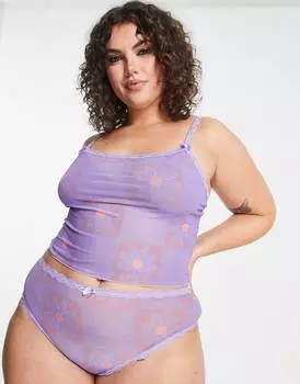 Фиолетовая короткая пижама в клетку с цветочным принтом и трусиками ASOS DESIGN Curve