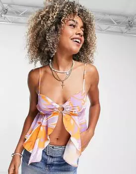 Фиолетово-оранжевый принт ASOS DESIGN на бретельках с разрезом по низу и рюшами