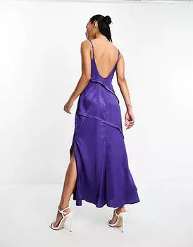 Фиолетовое атласное платье-комбинация миди со швом и бретелями ASOS DESIGN