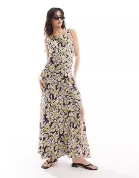 Фиолетовое атласное платье макси Vero Moda с завязками и декоративным узорчатым швом