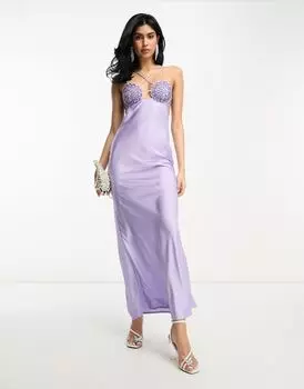 Фиолетовое атласное платье миди с вырезами и декором ASOS DESIGN