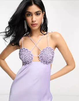 Фиолетовое атласное платье миди с вырезами и декором ASOS DESIGN