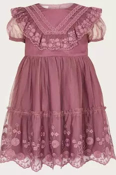 Фиолетовое детское платье с сеткой и вышивкой Monsoon, фиолетовый