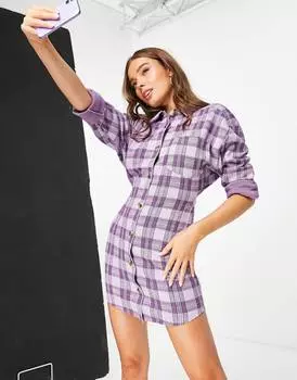 Фиолетовое платье-рубашка в клетку с длинными рукавами ASOS DESIGN