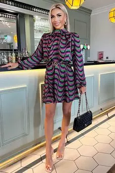 Фиолетовое платье с расклешенным низом длинными рукавами поясом и ярким принтом AX Paris, фиолетовый