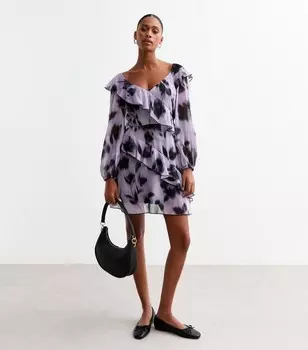 Фиолетовое шифоновое мини-платье с размытым цветочным принтом New Look, фиолетовый