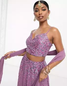 Фиолетовый комплект Maya, состоящий из макси-юбки с объемными пайетками, укороченного топа и шарфа