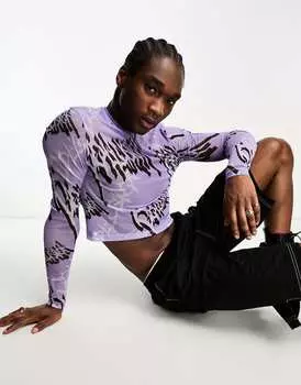 Фиолетовый сетчатый топ с длинными рукавами и графическим принтом COLLUSION