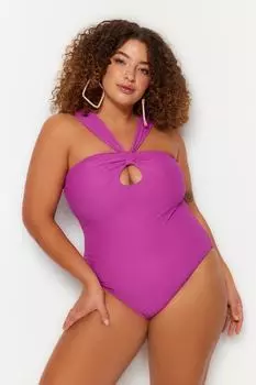 Фиолетовый текстурированный купальник больших размеров с завязками Trendyol