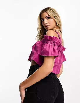 Фиолетовый укороченный топ на бретелях из потертого поплина