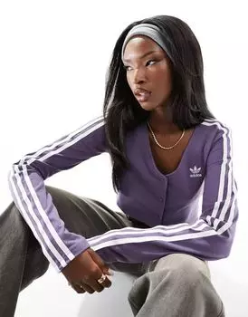 Фиолетовый укороченный топ с длинными рукавами и тремя полосками adidas Originals