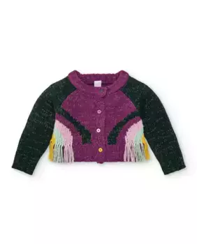 Фиолетовый вязаный жакет для девочки с бахромой и контрастными рукавами Tuc tuc