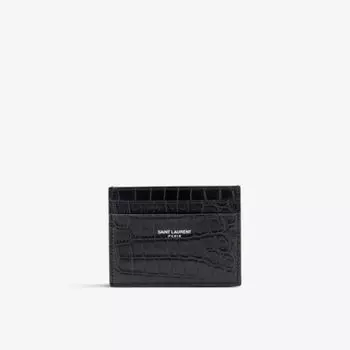 Фирменная визитница из кожи с тиснением под крокодила Saint Laurent, цвет nero/nero