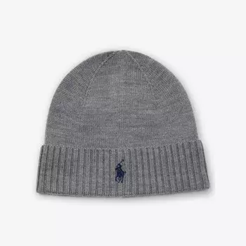 Фирменная вышитая шерстяная шапка с отворотами Polo Ralph Lauren, серый