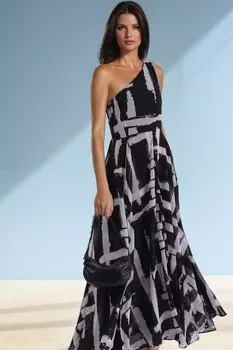 Фирменное макси платье на одно плечо с пышной многослойной юбкой Religion, черный