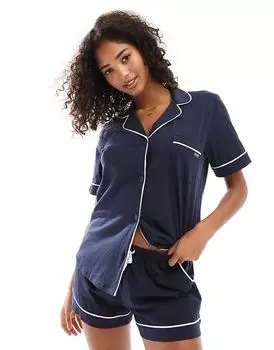 Фирменный комплект боксеров с короткими рукавами и воротником-стойкой в темно-синем цвете DKNY