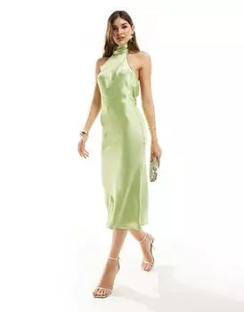 Фисташковое атласное платье миди с воротником на спине Pretty Lavish эксклюзивно для ASOS Raleigh