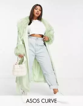 Фисташковое пальто из искусственной кожи с поясом и отделкой из борга ASOS DESIGN Curve