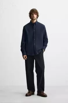 Фланелевая хлопковая рубашка ZARA, темно-синий
