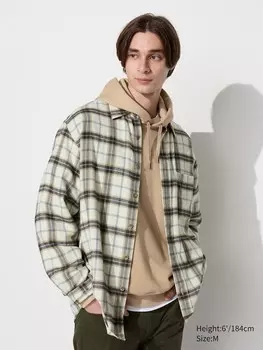Фланелевая рубашка обычный воротник, клетчатый Uniqlo, бежевый