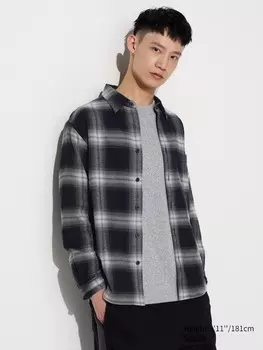 Фланелевая рубашка обычный воротник, клетчатый Uniqlo, черный
