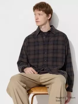 Фланелевая рубашка обычный воротник, клетчатый Uniqlo, коричневый